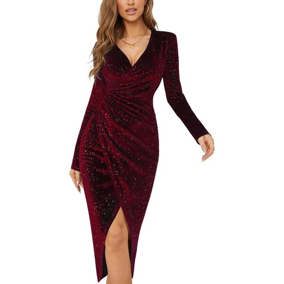 Dresses & Skirts - Luxurious Wine Velvet Party Dress - V Neck Long Sleeve & Glitter Detail